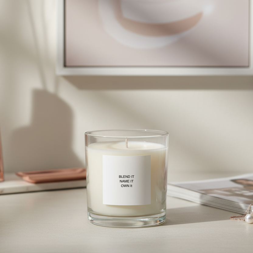 Candle on a table with a framed picture and books in the background