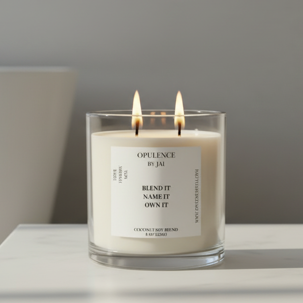 Candle with a label on a table in a room setting