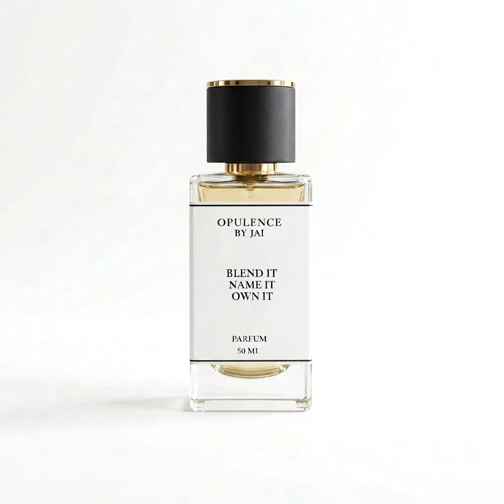 A 50ml clear glass perfume bottle with a white label and a black cap with gold trim, labeled 'OPULENCE BY JAI'.