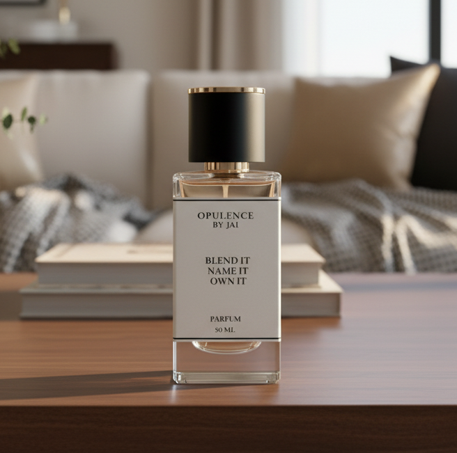 Opulence by Jai perfume bottle in a livingroom on a wooden surface