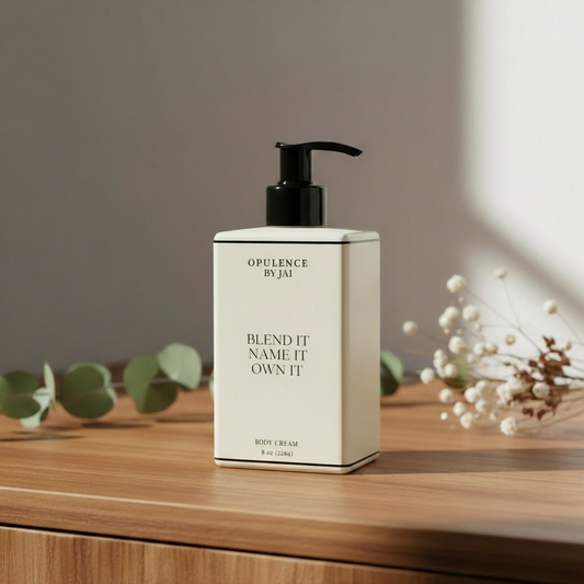 Body cream bottle with pump on a wooden surface, featuring 'Opulence by Jai' branding.