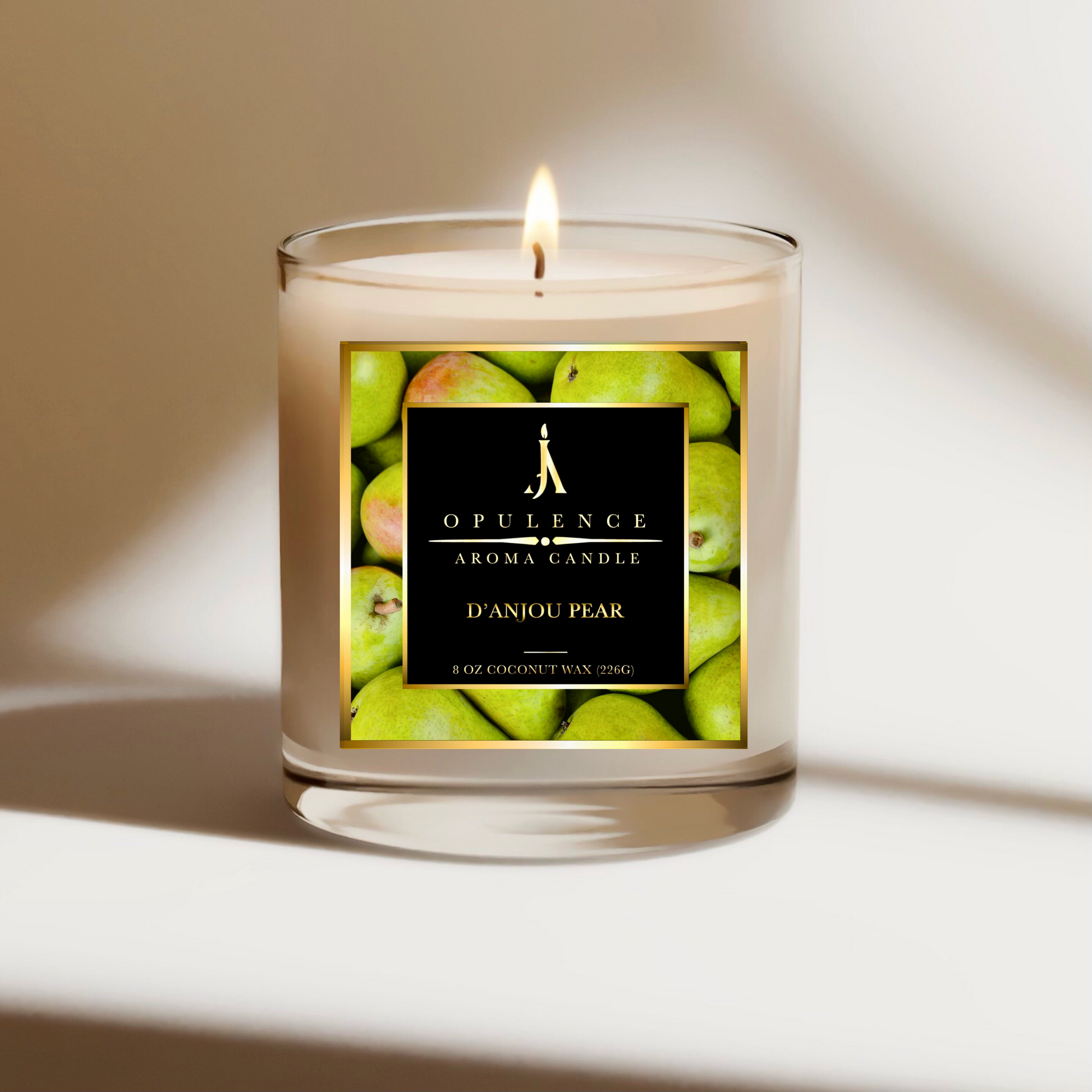Pear scented candle with a wick lit