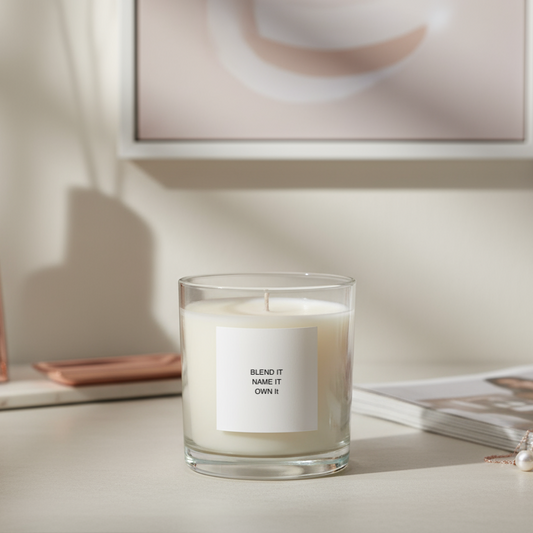 Candle on a table with a framed picture and books in the background