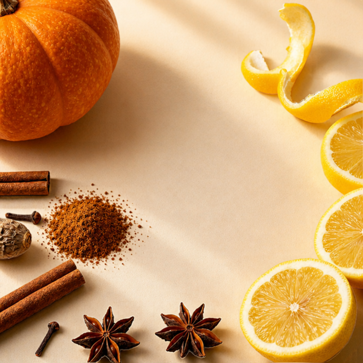 A styled flat-lay of autumn spices and citrus on a warm beige background, featuring a whole orange pumpkin, cinnamon sticks, star anise, a pile of ground cinnamon, cloves, a nutmeg, and lemon slices and peels.
