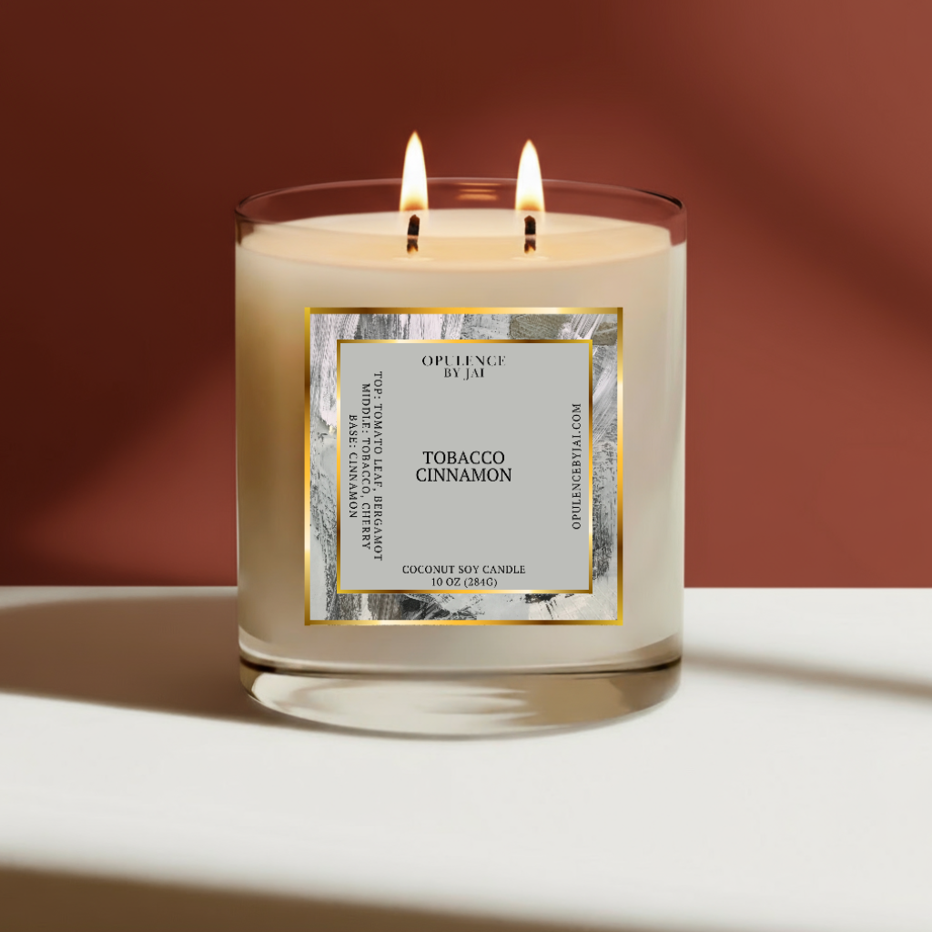 Candle with a label on a white surface and brown background
