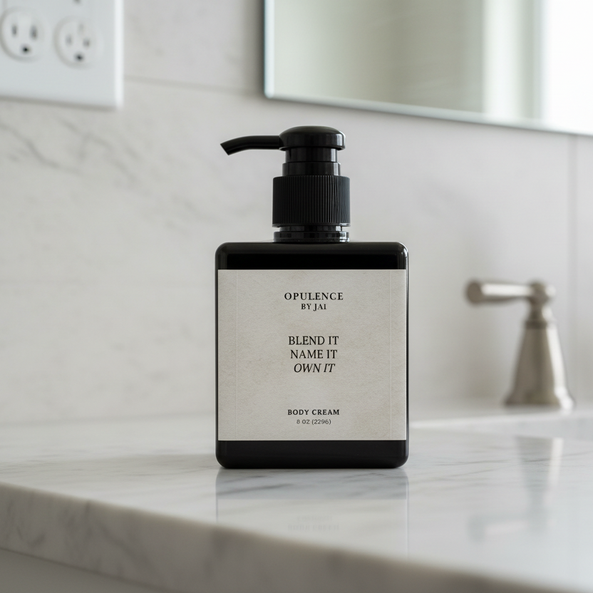 Body cream bottle with black pump and white label on a light gray background