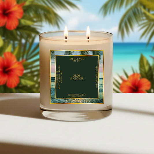 Candle with a label in front of tropical flowers and ocean view