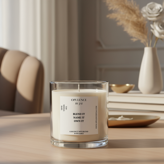 Candle with a label on a table in a room with decor elements