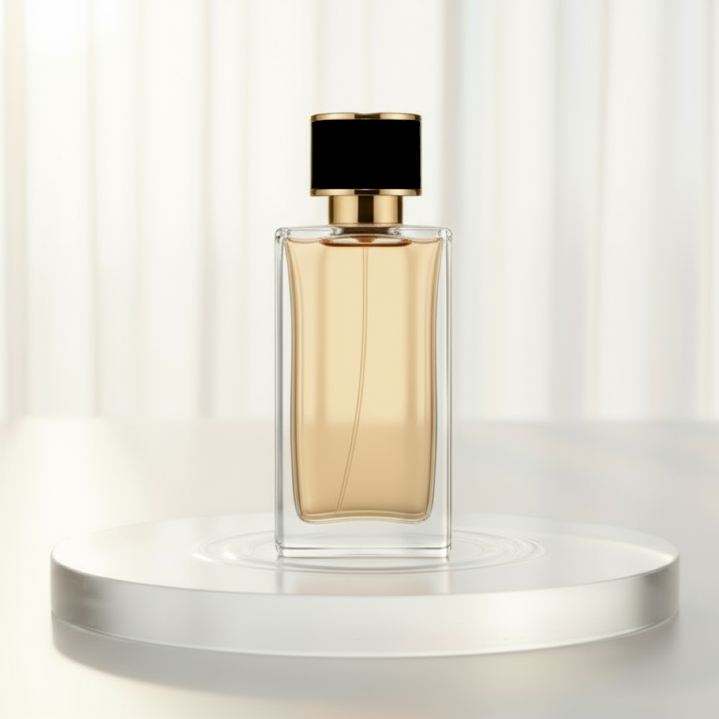Perfume bottle with gold cap on a white platform against a white curtain background