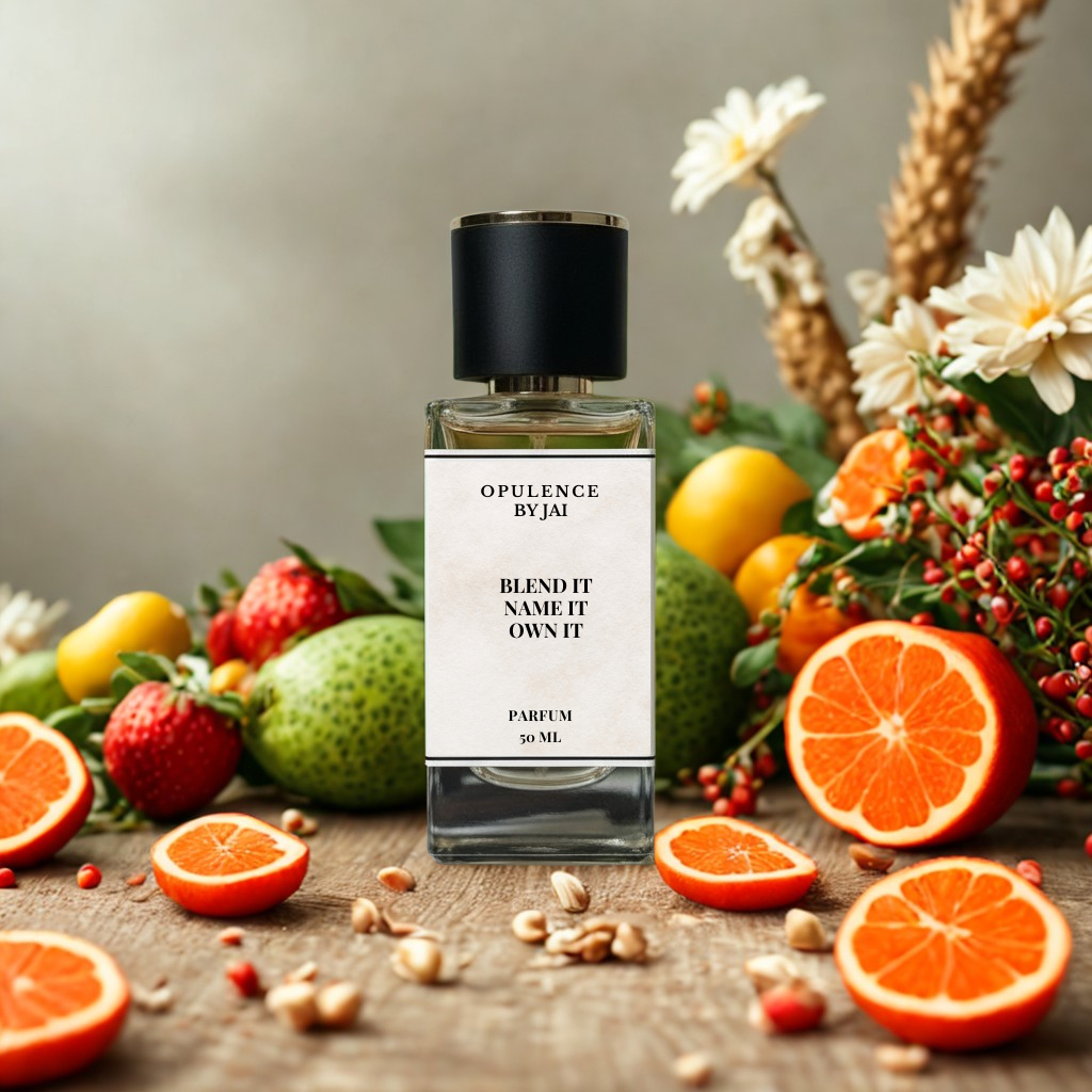 Opulence by Jai perfume bottle with fruits and flowers on a wooden surface