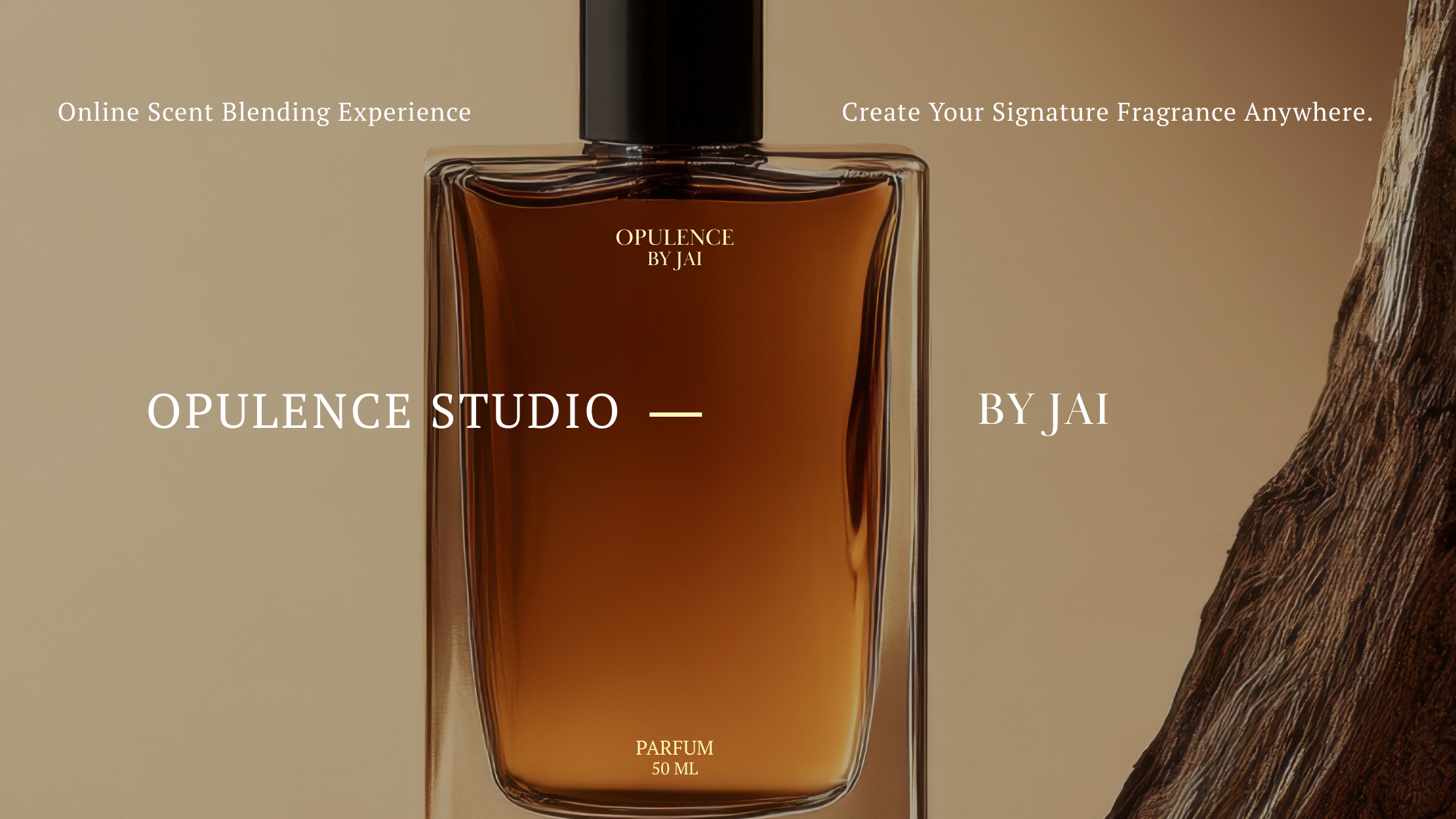 Opulence Studio by Jai perfume bottle on a beige background