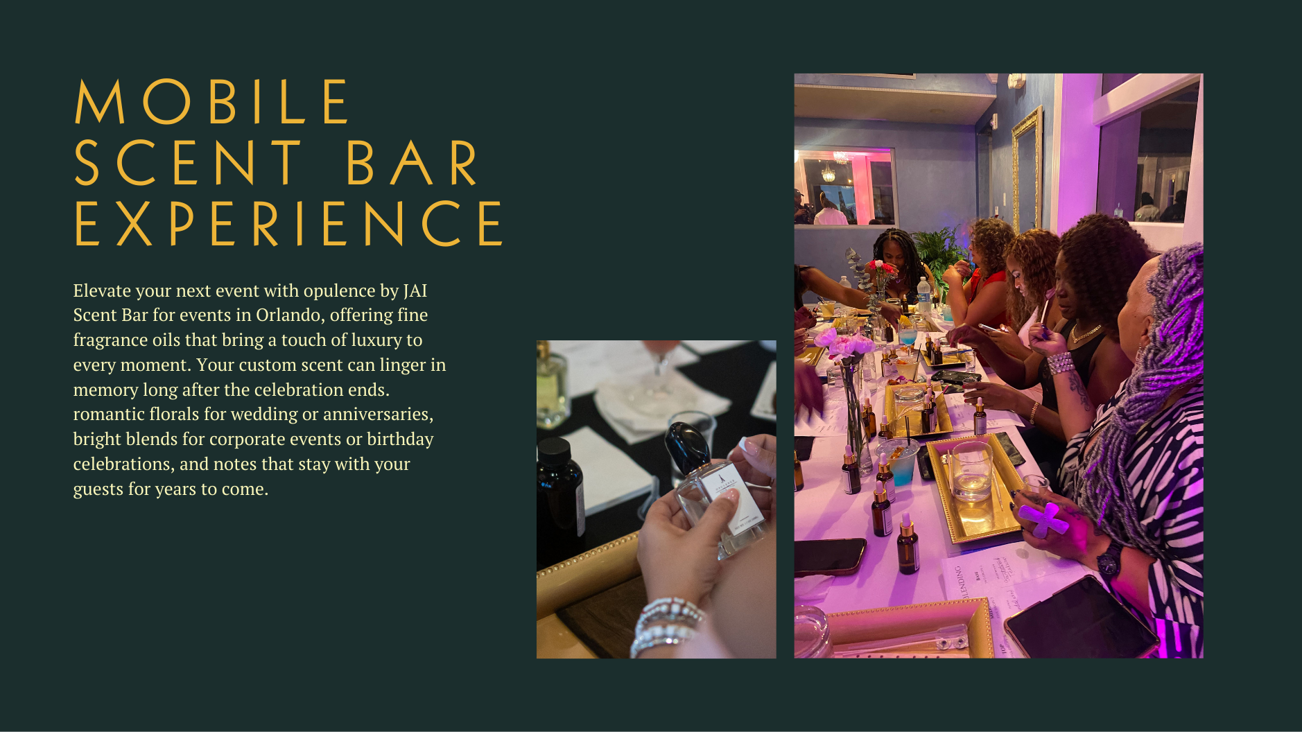 Promotional image for a mobile scent bar experience with text and people at a table.