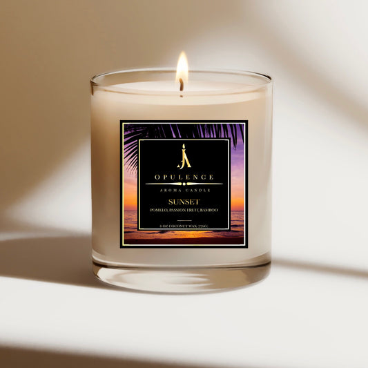 Sunset label Pomelo, Passion fruit, and bamboo  is a tropical fruit known for its sweet and tangy flavor and vibrant scented coconut wax candle jar.